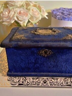 Antique French velvet box with metal trims & button tufting